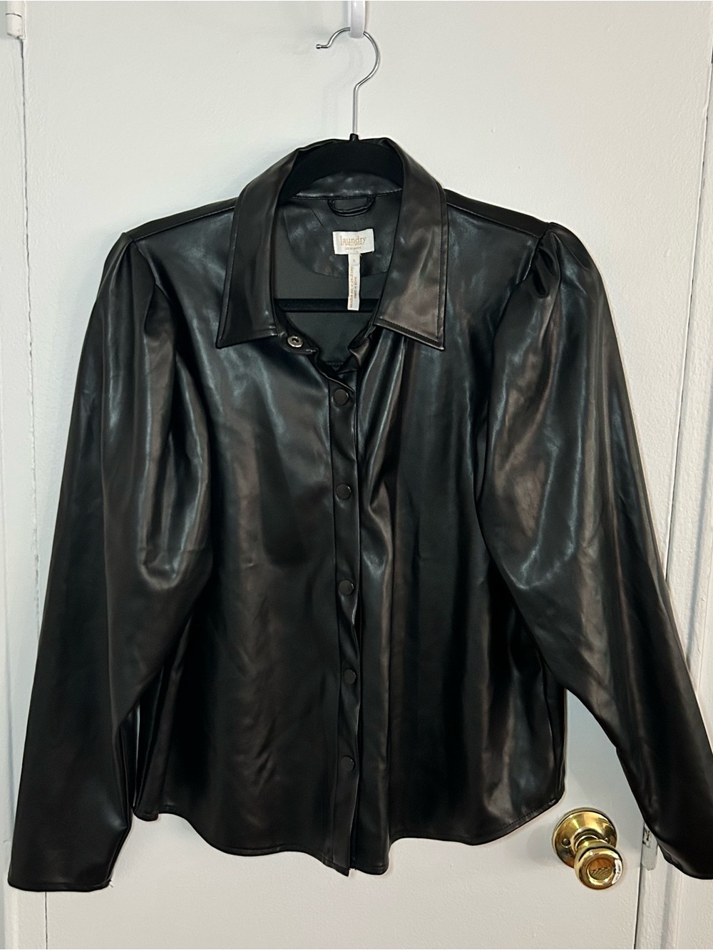 Laundry by Shelli Segal Black Faux Leather Puff Sleeve Button Down Blouse Small